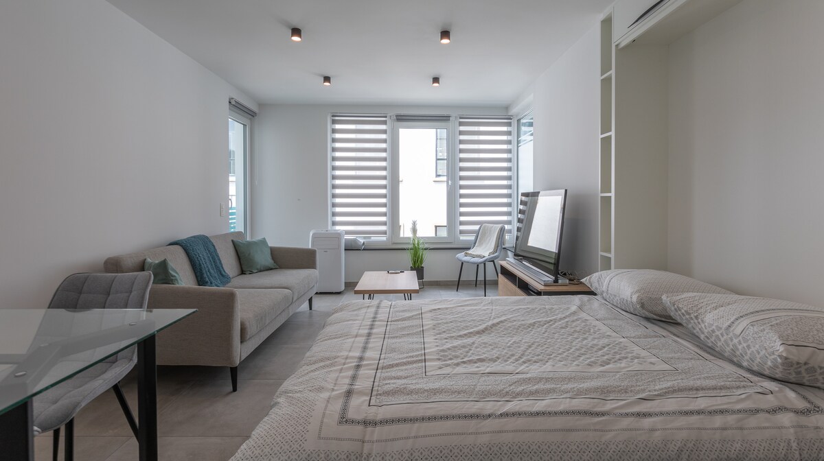 A well-lit living space features a spacious bed with a geometric pattern and a modern television. A neutral-toned sofa is positioned nearby alongside a small table. Two large windows with shades allow natural light to enhance the room's airy feel.