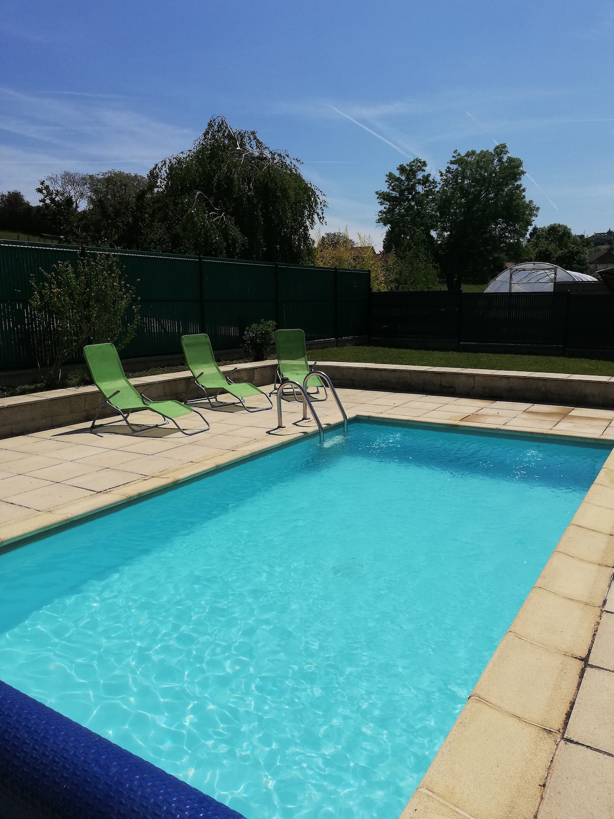 A private swimming pool, measuring 6x3 meters, is surrounded by tiled decking. Three green lounge chairs are positioned beside the water, offering a relaxing space. A protective fence enhances the safety and privacy of the area, with greenery visible in the background.