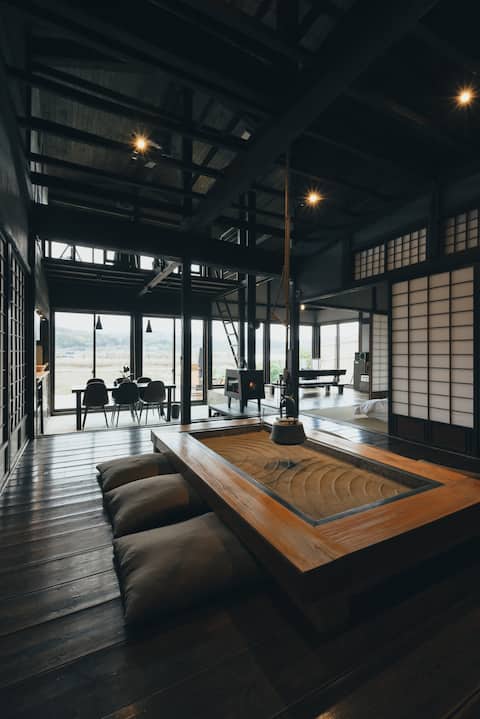 Private rental of a 130-year-old house with a traditional Japanese sunken fireplace, wood stove, and
