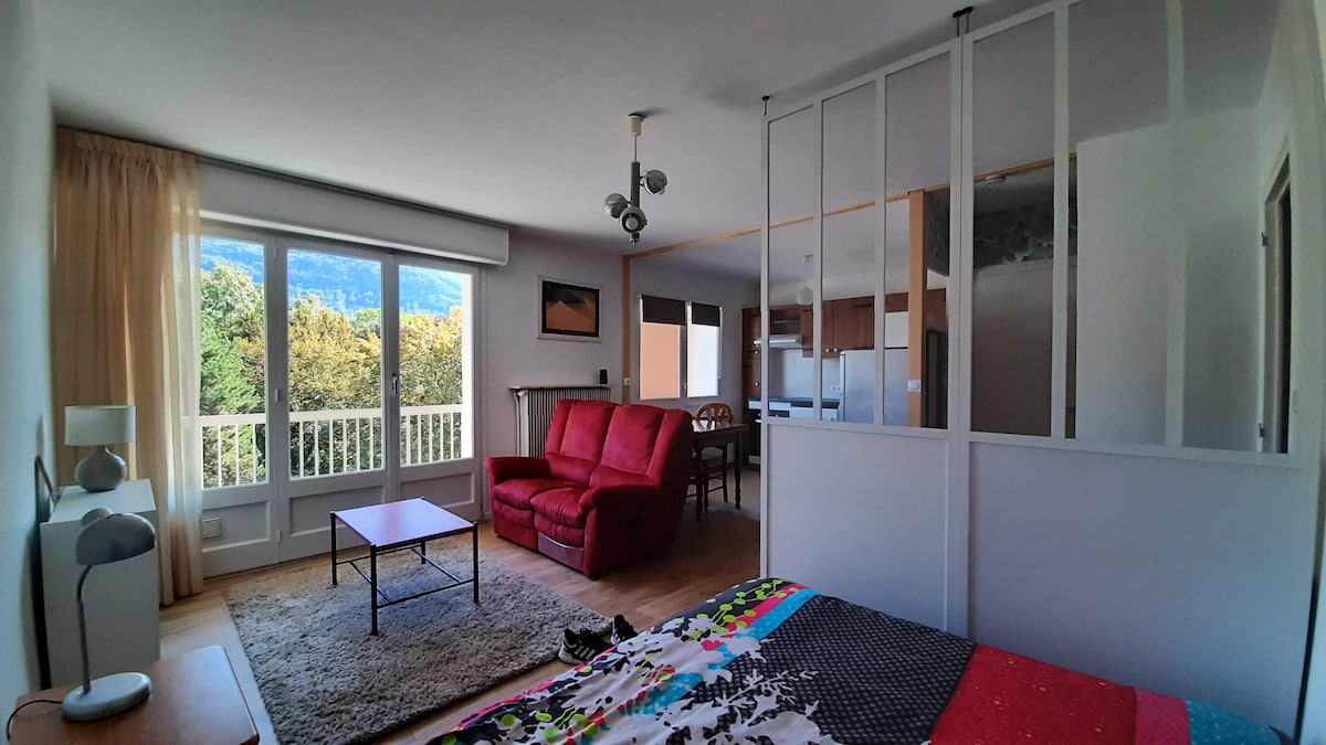 A spacious studio is shown, featuring a cozy seating area with a red sofa and a coffee table. Natural light floods in from large windows, framing the view outside. The sleeping area is partially separated, with a colorful bedspread on a double bed and a neutral rug beneath.