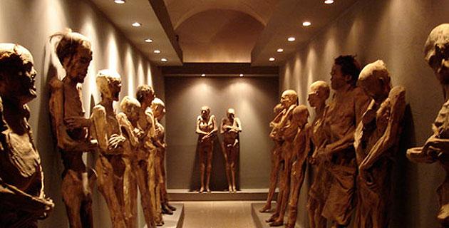 A narrow hallway is lined with lifelike, preserved human figures displayed in a museum-like setting. Soft overhead lighting illuminates the figures, enhancing the detailed textures of their surfaces. The muted tones of the walls contribute to a contemplative atmosphere in the space.