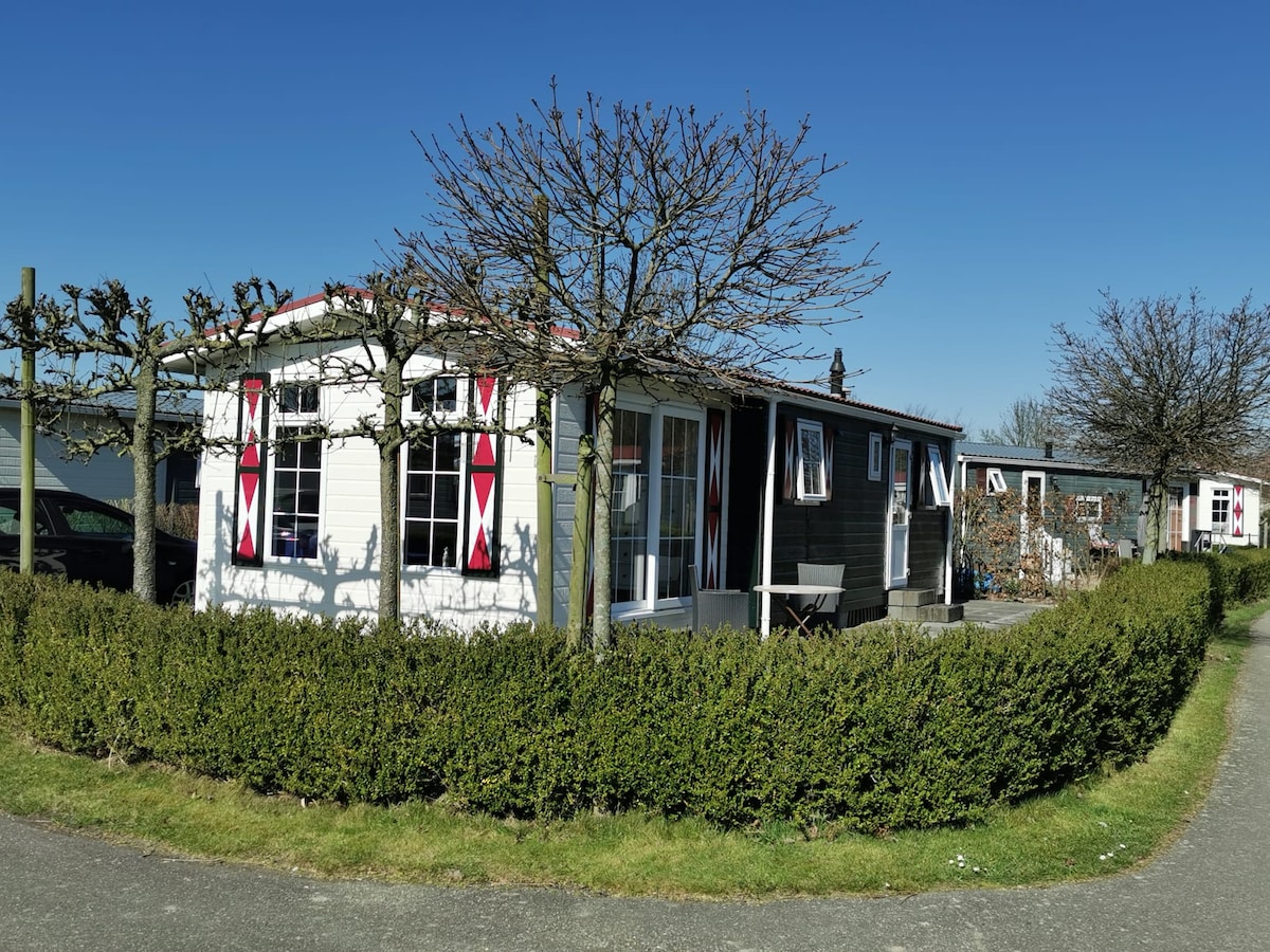 A quaint chalet is surrounded by well-maintained hedges and trees, featuring a porch with decorative curtains. The structure showcases a combination of wood and crisp white siding against a clear blue sky, offering an inviting entrance to the living space.