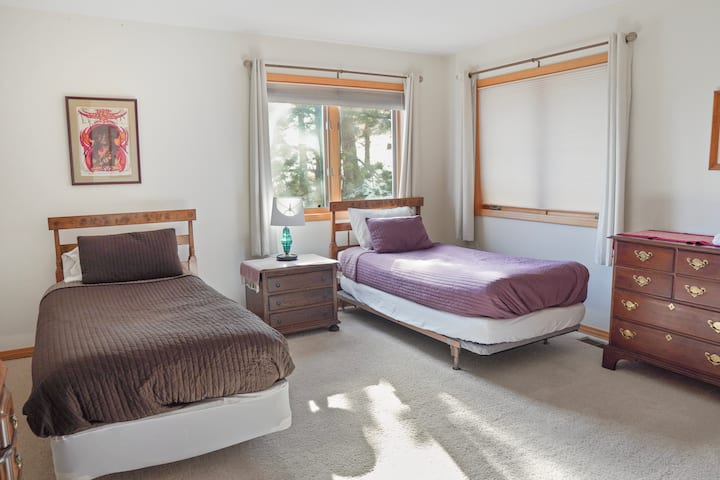 Tweede slaapkamer met twee eenpersoonsbedden, een grote kast, een dressoir en uitzicht op het bos