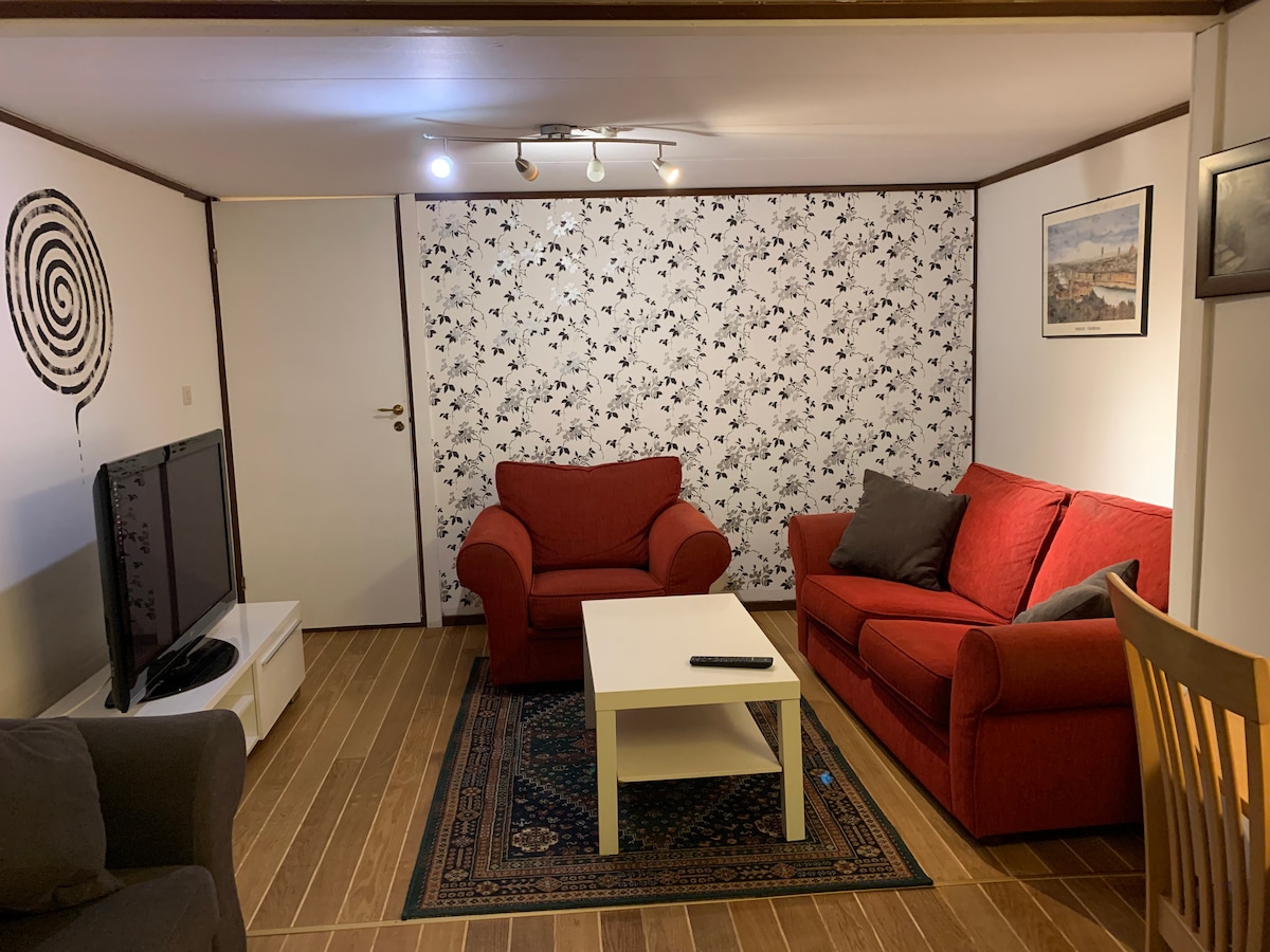 A cozy seating area is arranged with two red sofas and a gray armchair, complemented by a white coffee table. A black and white floral accent wall provides visual interest. A television is positioned on a white media console, with artwork displayed on the walls.