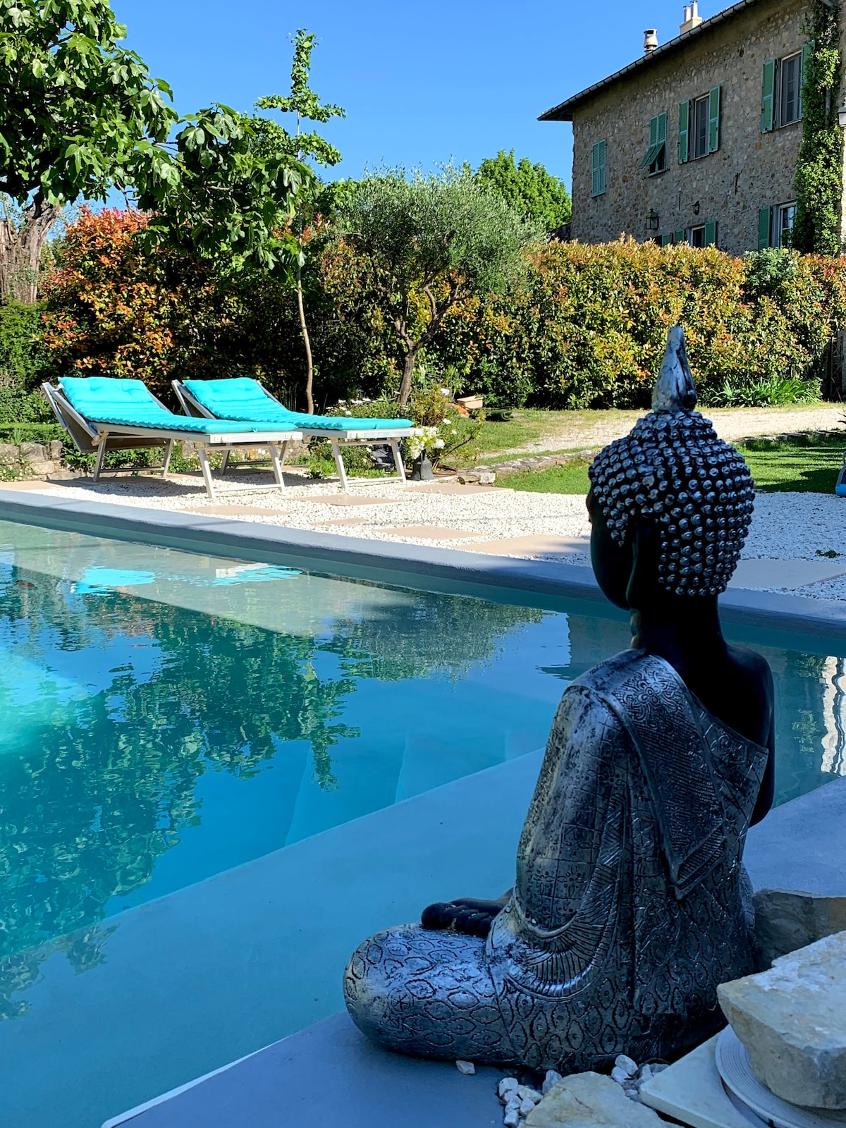 A serene swimming pool reflects the clear blue sky, accompanied by a calming Buddha statue positioned on the edge. Two light blue lounge chairs are set at a distance, surrounded by well-kept greenery and a peaceful garden atmosphere.