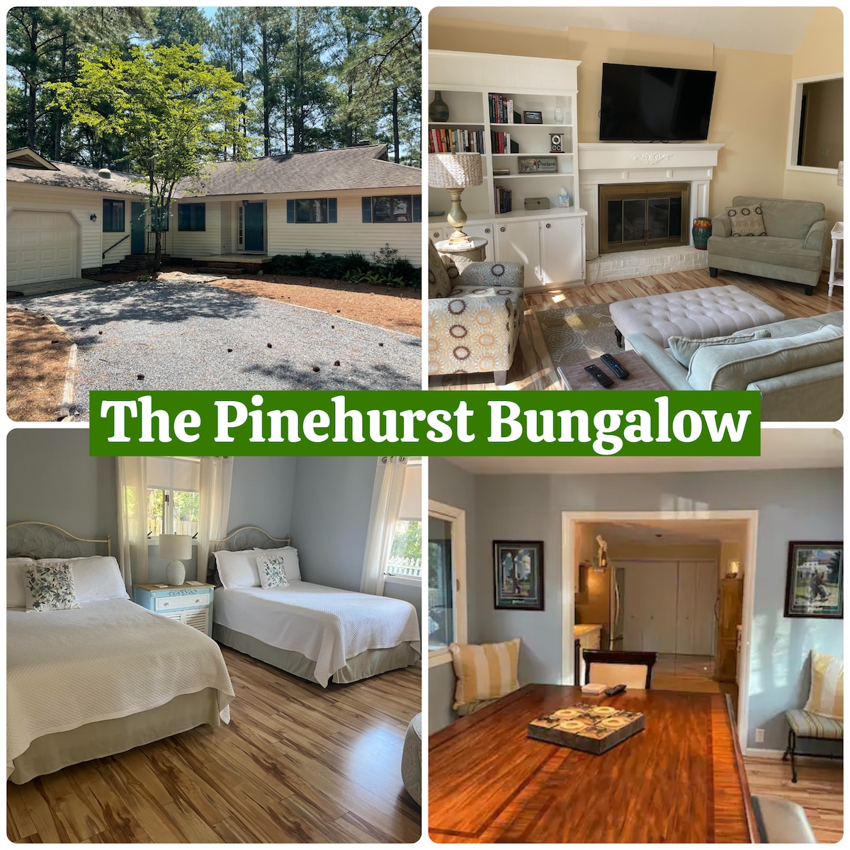 A charming bungalow is surrounded by trees, featuring a gravel driveway and a two-car garage. The cozy living room includes a light-colored couch and built-in shelves, complemented by a fireplace. The sleeping area showcases two spacious beds with soft linens, inviting comfort.
