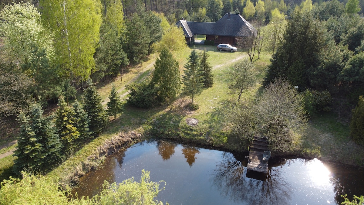 A spacious wooden house is set amidst lush greenery, with a clear pond visible in front. A small dock extends over the water, surrounded by trees. The well-maintained lawn invites outdoor activities, and the area is characterized by a serene natural environment.