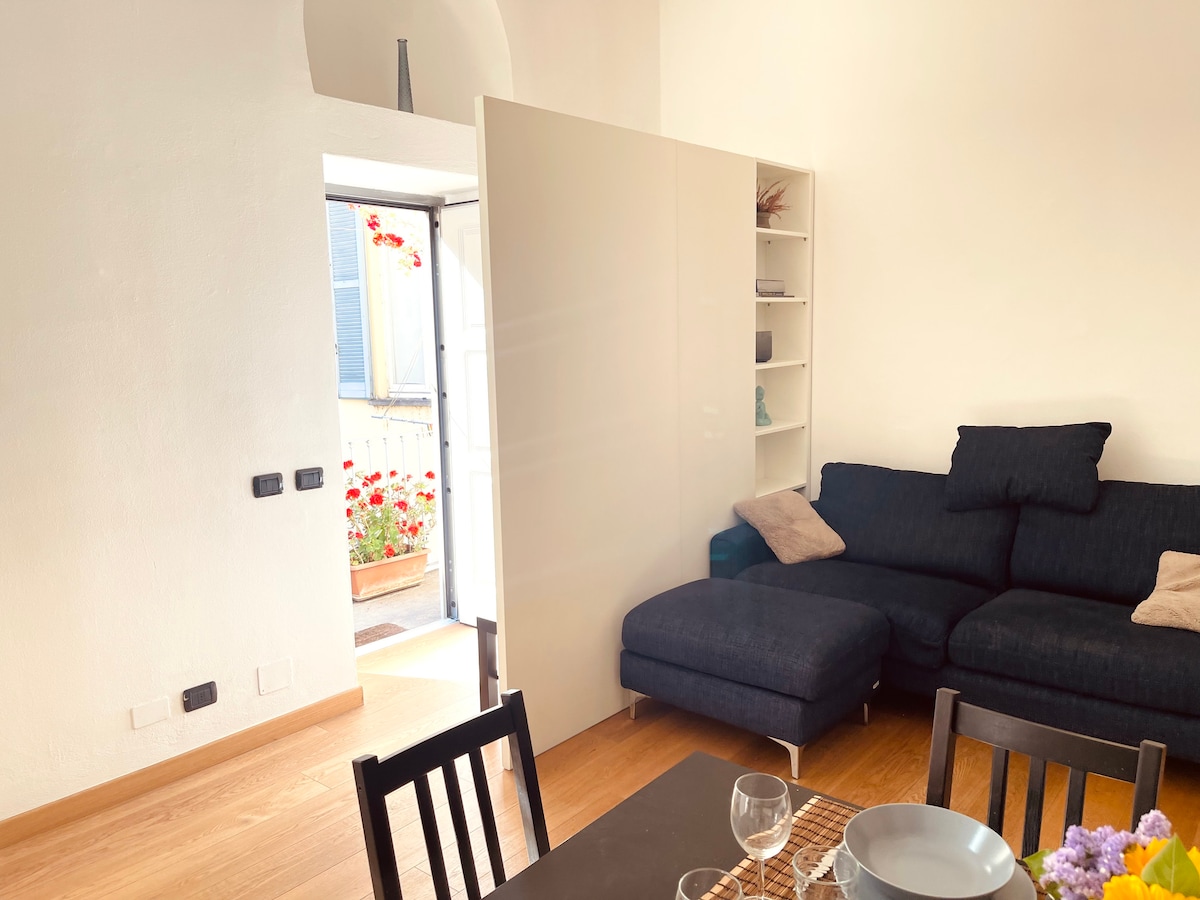 A spacious living area features a comfortable dark sofa and light wooden flooring. The room is brightened by natural light coming from a doorway leading to a balcony adorned with flowers. A dining table with tableware is positioned in the foreground.