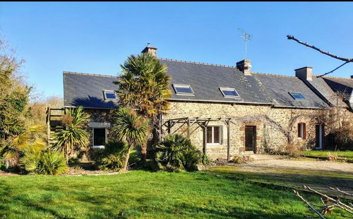 A stone house with a slate roof is surrounded by lush greenery and several palm trees. Large skylights are visible on the roof, enhancing natural light. The tranquil garden area features a manicured lawn, providing a serene atmosphere.