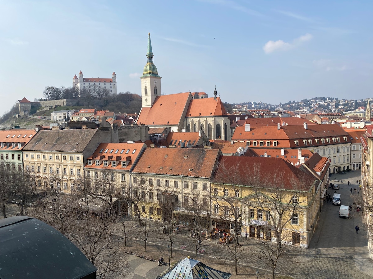 A panoramic view showcases the rooftops of historic buildings in Bratislava, featuring red-tiled roofs and the tower of St. Martin's Cathedral. In the background, Bratislava Castle is visible atop a hill, surrounded by trees and under a clear blue sky.