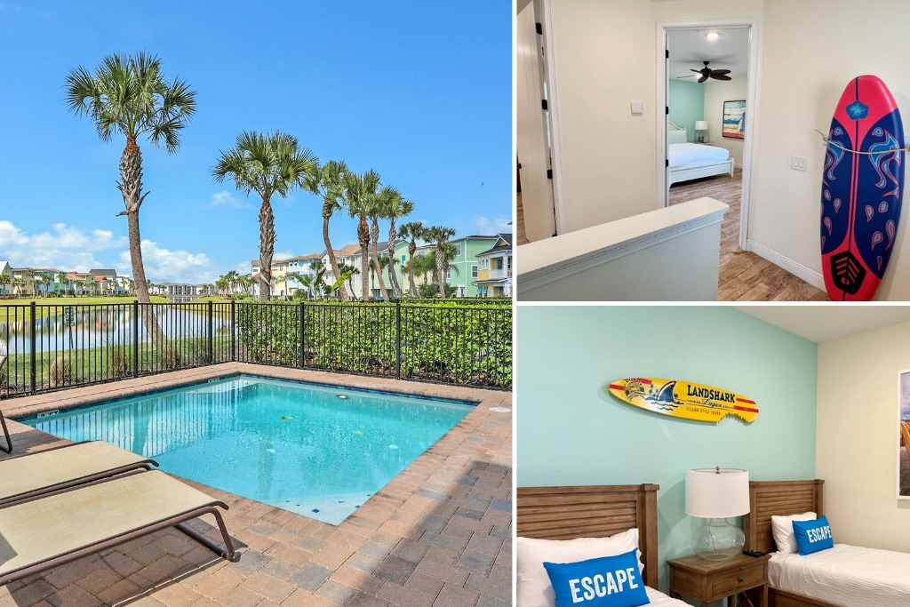 A private pool is framed by a fence, with lounge chairs positioned beside it, offering direct views of palm trees and a serene body of water. Inside, a bedroom features two beds, nautical-themed decor, and a warm color palette.