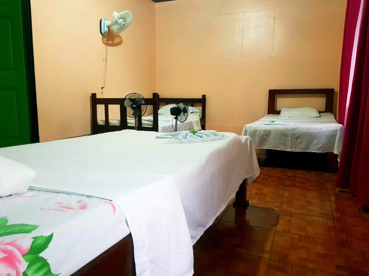 A simple room is featured with three wooden beds, each covered with white linens. A bedside table is positioned near the larger bed, complemented by fans on the walls. Light streams in through large windows dressed with dark red curtains.