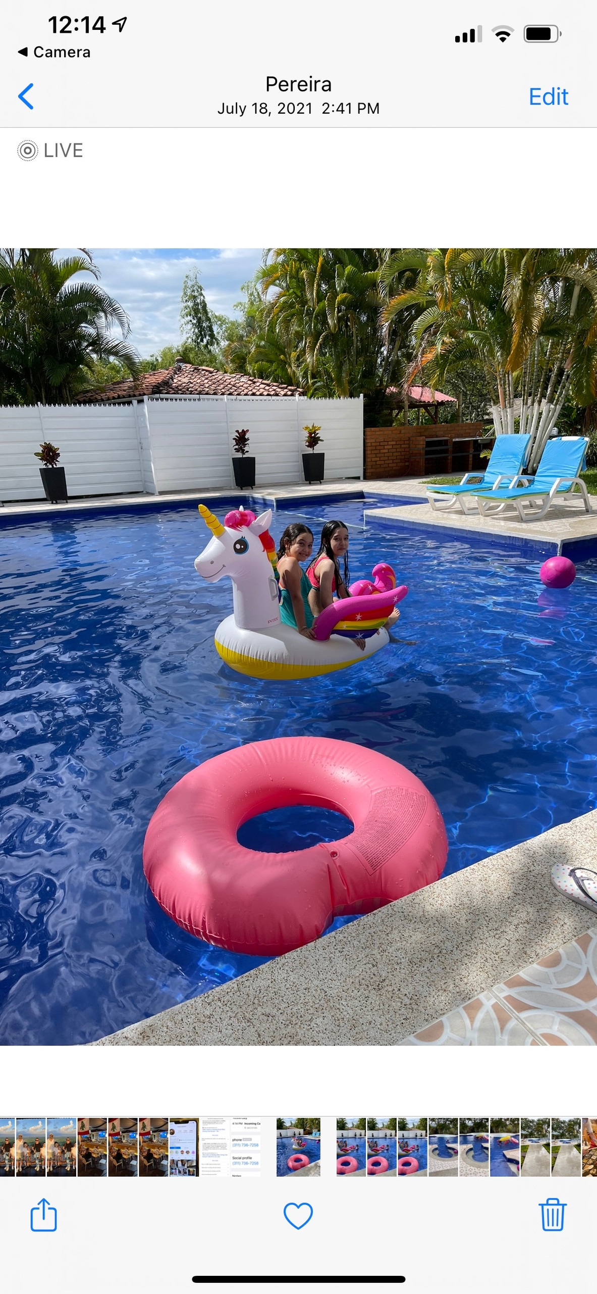 A bright blue swimming pool features a colorful unicorn float, with two children seated on it. Surrounding the pool are vibrant green palm trees and a small pink float. Two lounge chairs sit nearby on a pool deck with textured gray tiles.