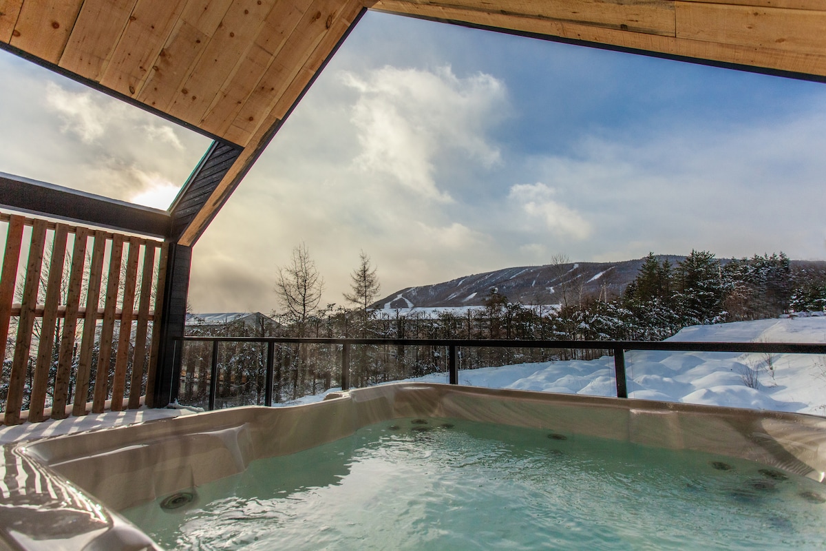 An outdoor spa is positioned under a wooden structure, offering views of snow-covered mountains and a cloudy sky. The water surface reflects the surrounding landscape, inviting relaxation amidst the scenic backdrop.