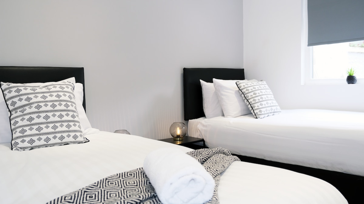 A modern room is presented with two twin beds, each adorned with decorative pillows. A stylish blanket and a towel are neatly placed on one bed. Natural light flows in through a nearby window, complemented by a small plant on the sill.