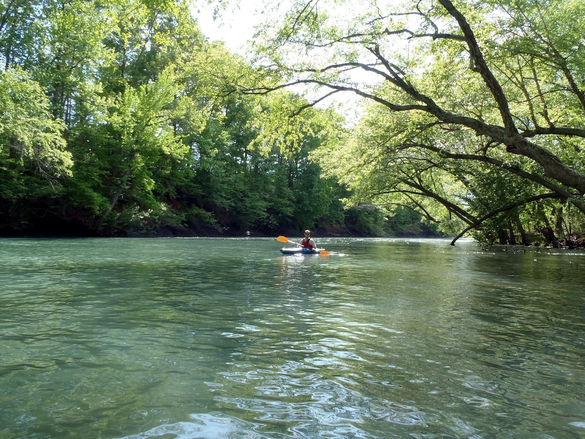 A serene river scene is depicted with clear, calm water reflecting the surrounding greenery. A person in a kayak can be seen paddling gently among the lush trees, which provide dappled shade along the river's edge.