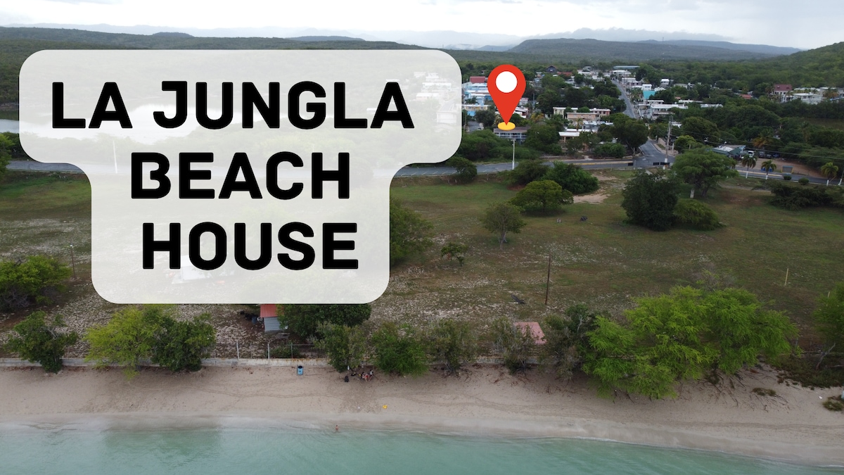 An aerial view captures La Jungla Beach House set against a backdrop of vibrant greenery and the coastline. The shoreline gently meets clear waters, with a road and nearby buildings visible, indicating the close proximity to local amenities.