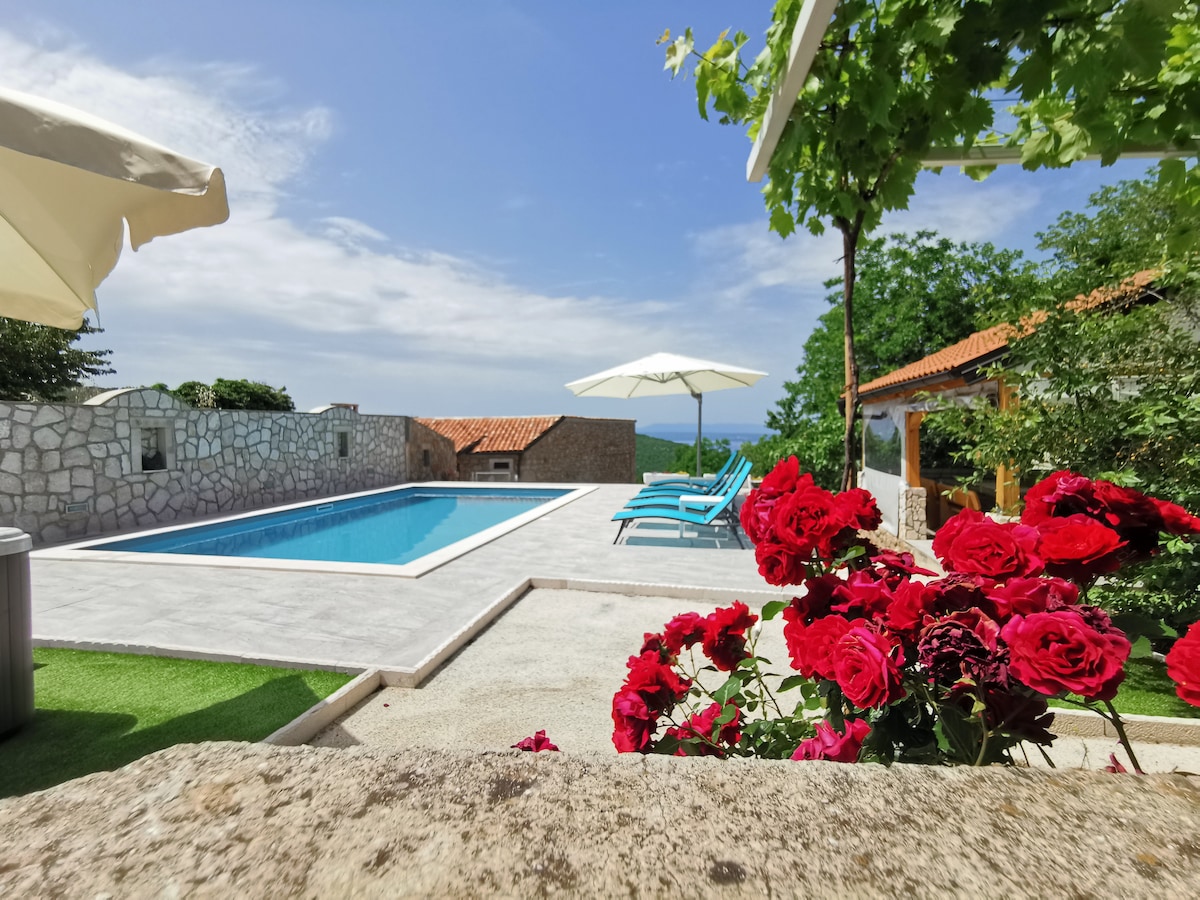 A tranquil outdoor area features a swimming pool surrounded by sun loungers and umbrellas. Bright red flowers create a vivid foreground, while the backdrop includes lush greenery and scenic hills under a partly cloudy sky.