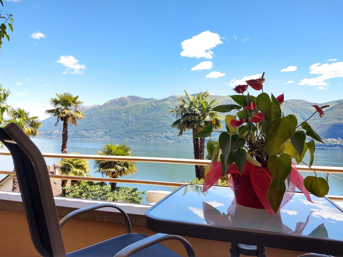 A balcony view is presented, featuring a potted plant and a small table with chairs. The backdrop showcases the serene Lake Maggiore, framed by mountains and palm trees under a clear sky dotted with clouds.