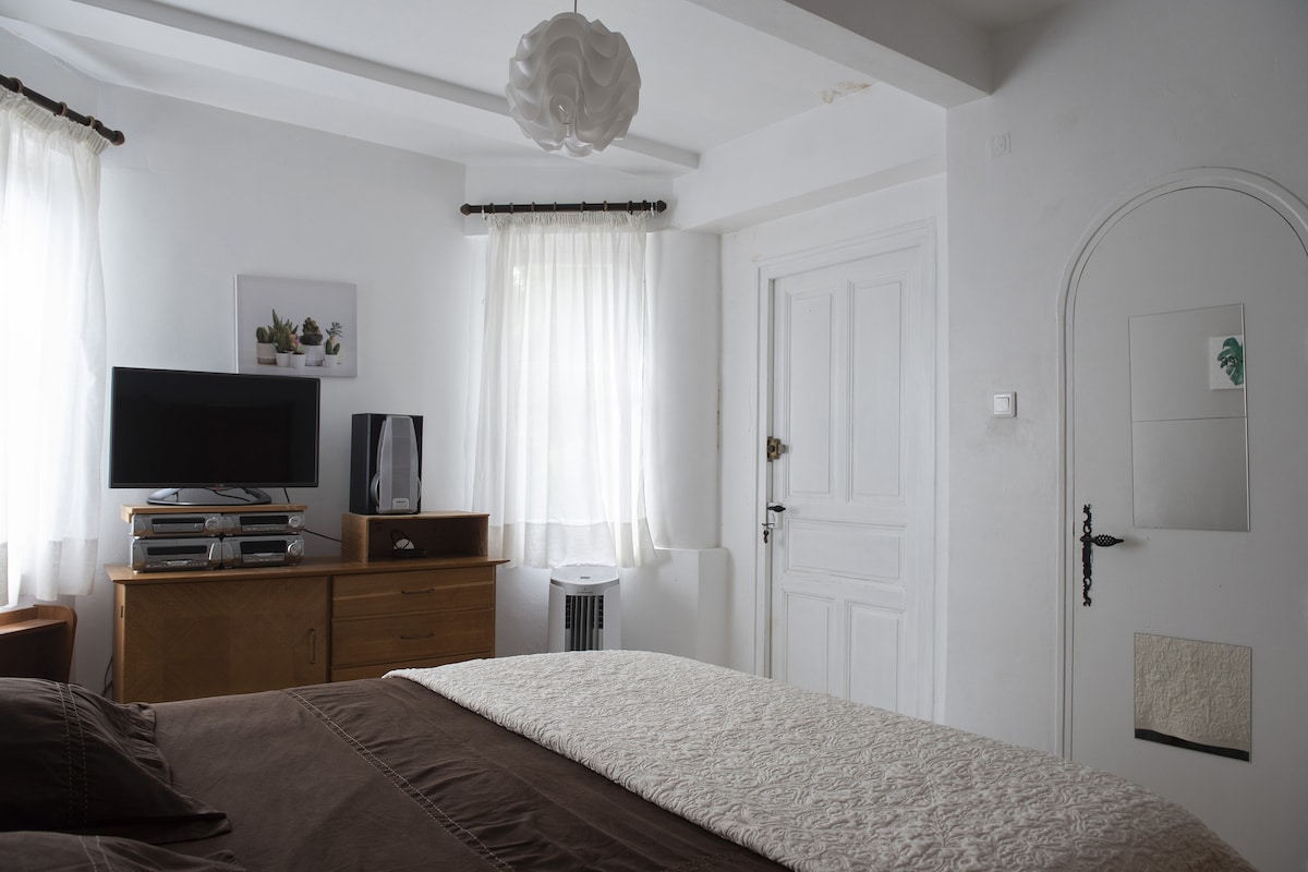 It's called the "seventies" room with its period furniture. It is very bright with its "bow-windows" . As well as being in line with the bedroom at the arch, it has private access that directly overlooks the garden. 