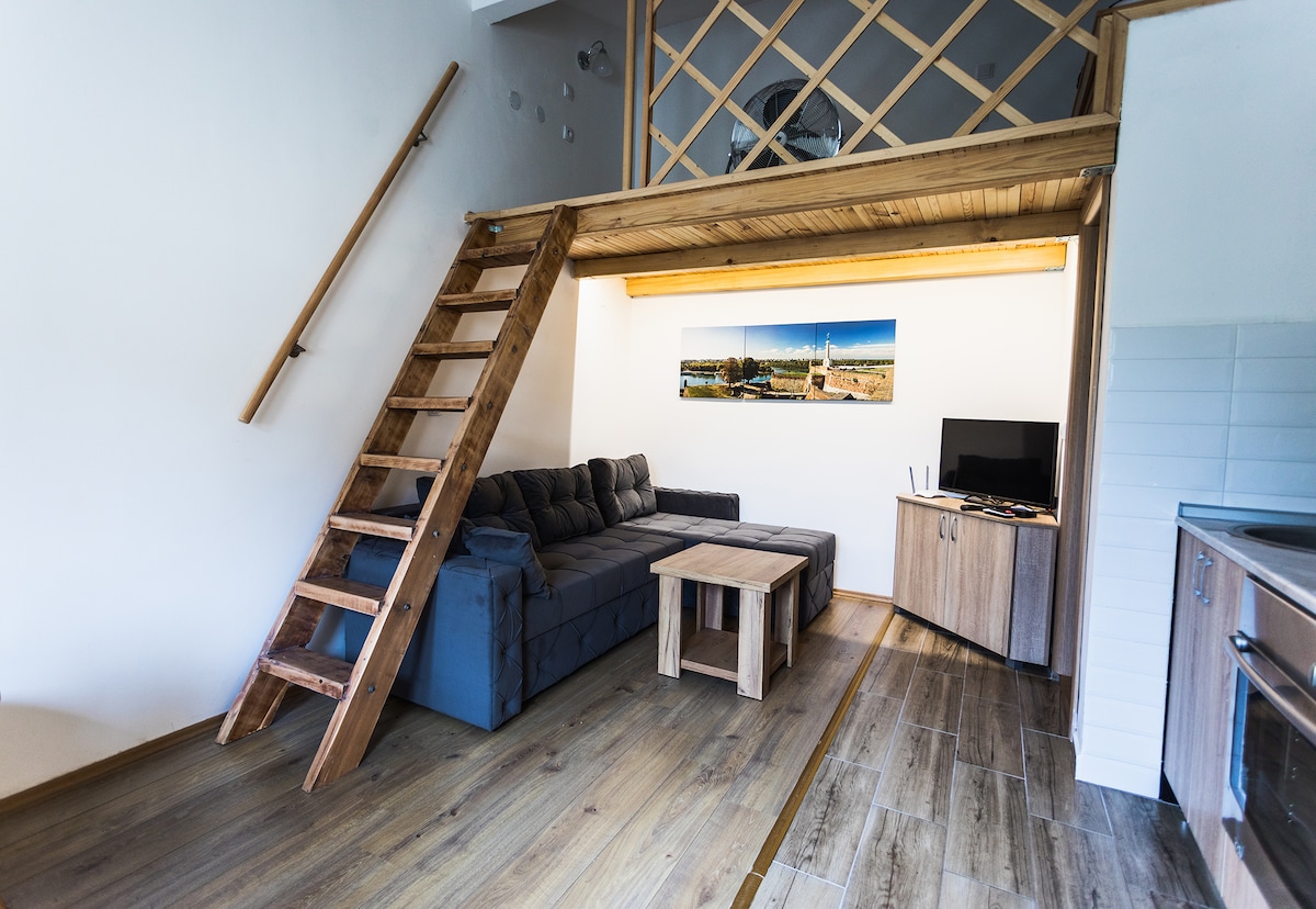 A spacious living area features a wooden loft accessed by a staircase. A dark sofa is positioned in front of a coffee table, while a television is displayed on a sleek wooden unit. Natural light enhances the warm tones of the wood flooring.