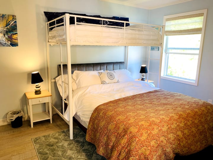 First mates room with bunk over queen bed.  Additionally you will find a changing table, a portable crib/play, bassinet and more...in case you have little ones:)