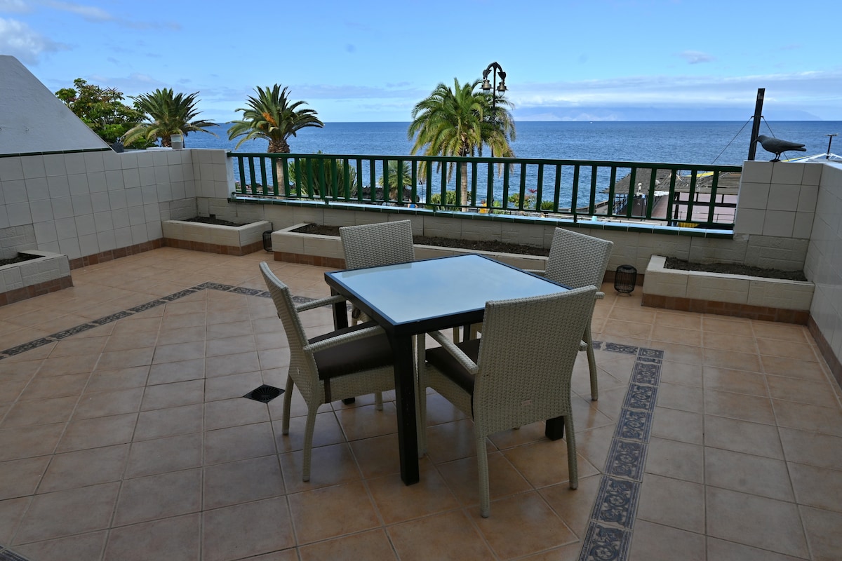A spacious terrace is captured, featuring a table surrounded by four chairs. Lush palm trees and a view of the ocean create a serene ambiance. The tiled floor contrasts with the greenery, contributing to a welcoming outdoor space for relaxation or dining.