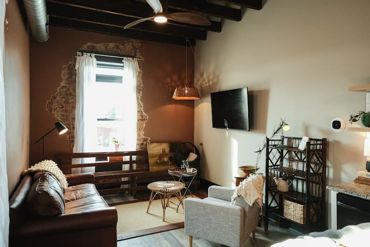 The Living Room - cozy leather sofa (queen) and natural light