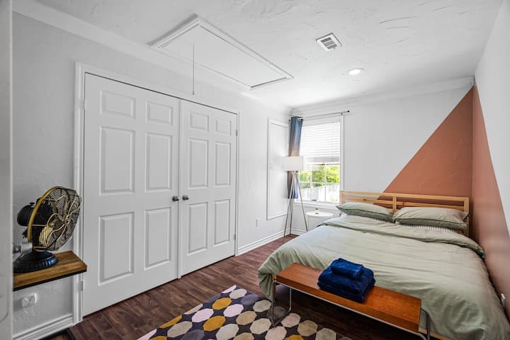 Queen sized memory foam mattress with black out curtain