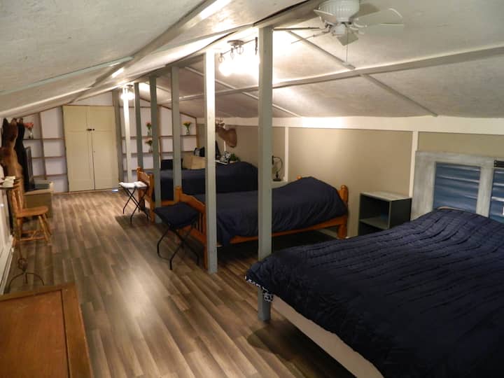 دور علوي في النزل الرئيسي. غرفة تضم سرير كوين وسريرين صغيرين وأريكة واحدة قابلة للسحب. تلفزيون مع وحدة كومبو دي في دي/في إتش إس ووحدة ألعاب سيجا جينيسيس. 