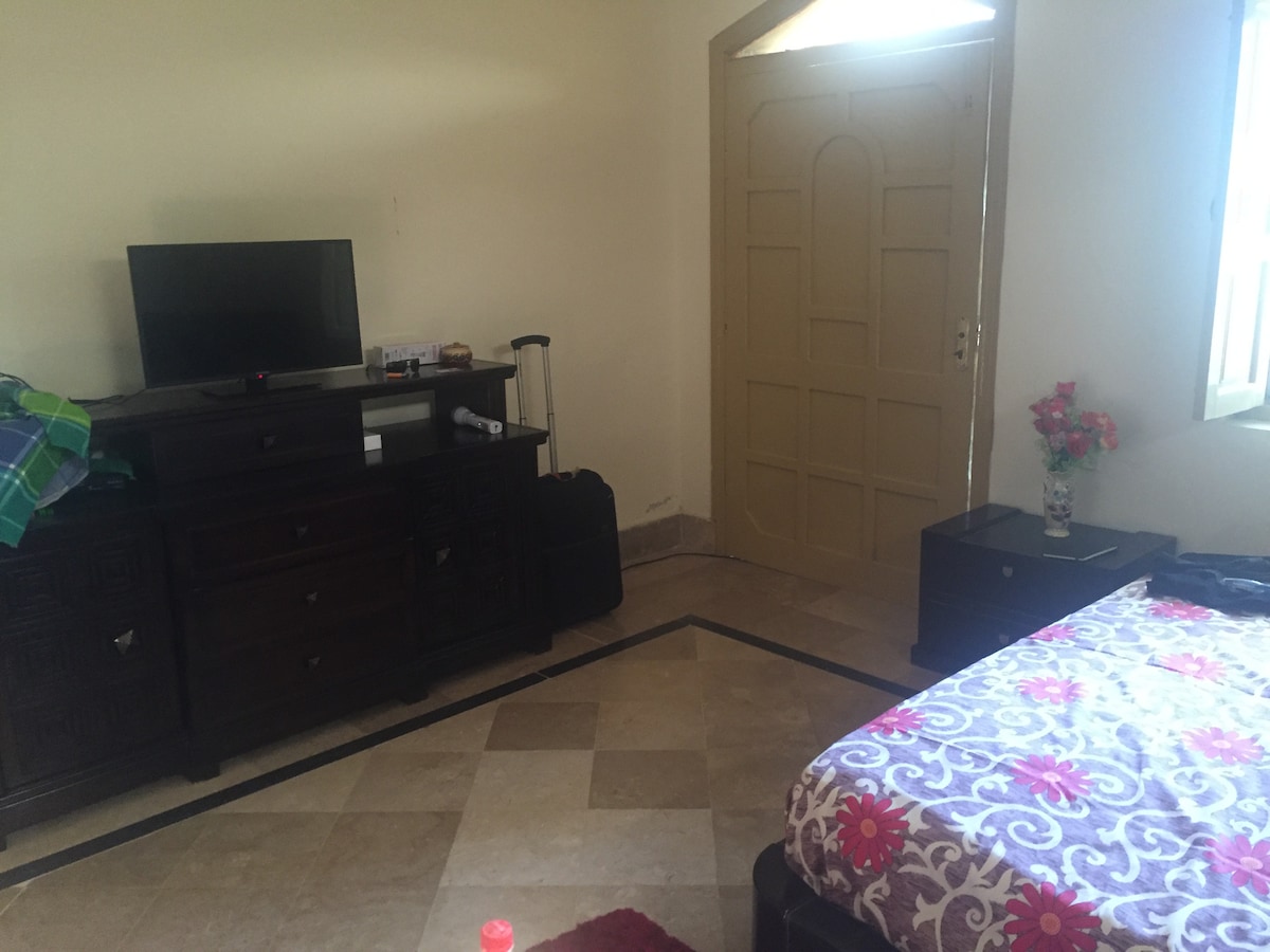 A spacious room features a large bed adorned with a floral-patterned blanket. A wooden dresser with a television and a small side table is visible. Illuminated by natural light from a nearby window, the room's neutral tones are complemented by a vibrant decorative flower arrangement.