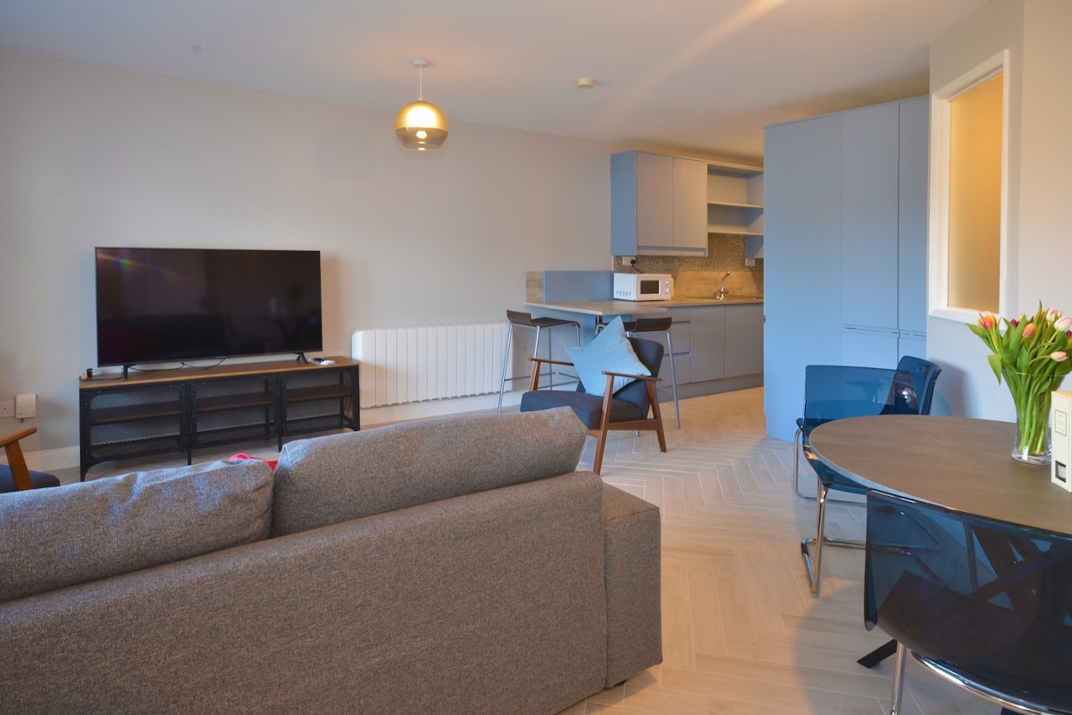 A modern living area features a comfortable gray sofa facing a flat-screen TV. A circular dining table and transparent blue chairs provide seating. The kitchen area is visible, showcasing minimalist cabinetry and essential appliances, with natural light coming through a nearby window.