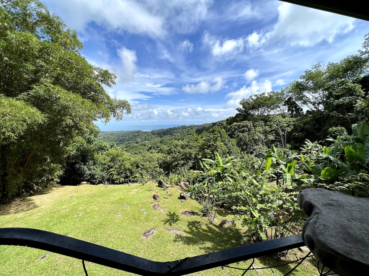 A sweeping view of lush greenery and distant ocean can be seen from the property. The landscape features a variety of tropical plants and trees under a bright blue sky dotted with clouds. The scene conveys a serene connection with nature.