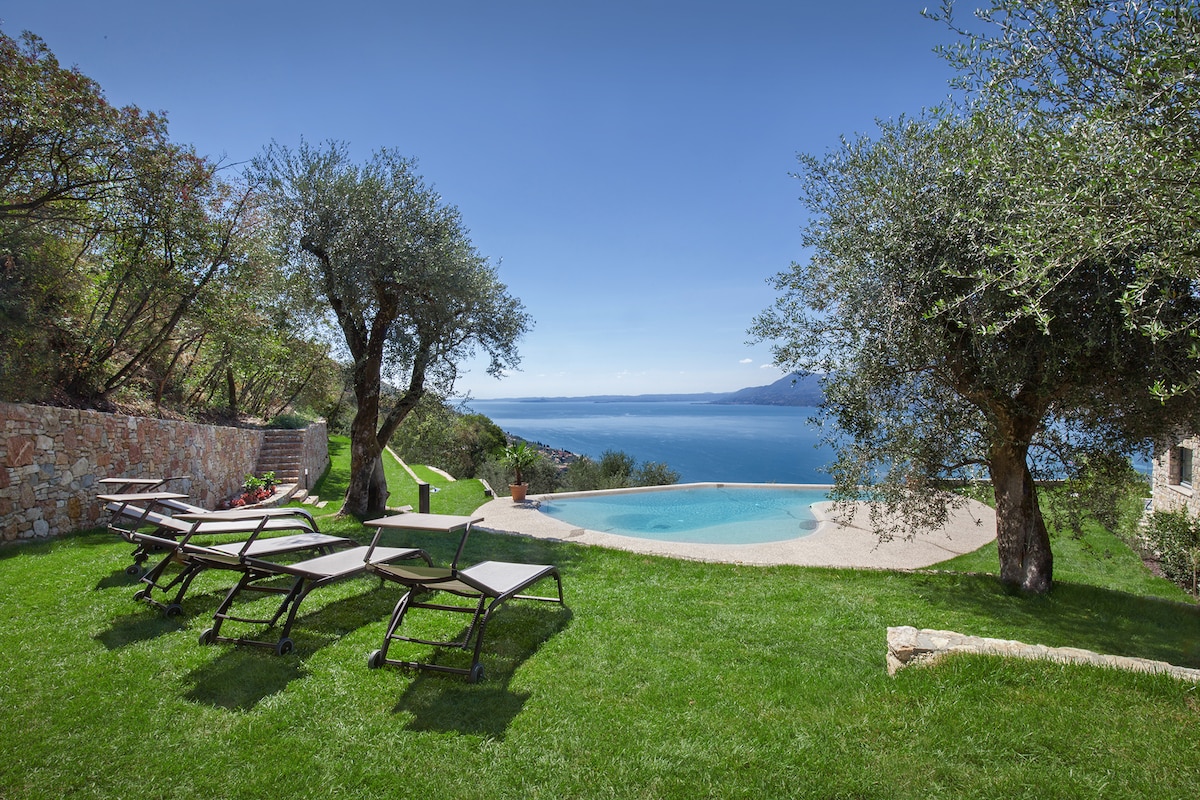 A serene outdoor space is presented, featuring a landscaped lawn, olive trees, and a circular pool overlooking the lake. Several lounge chairs are arranged neatly on the grass, inviting relaxation while enjoying the expansive water view.