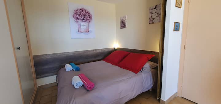 Sleeping area with comfy double bed.