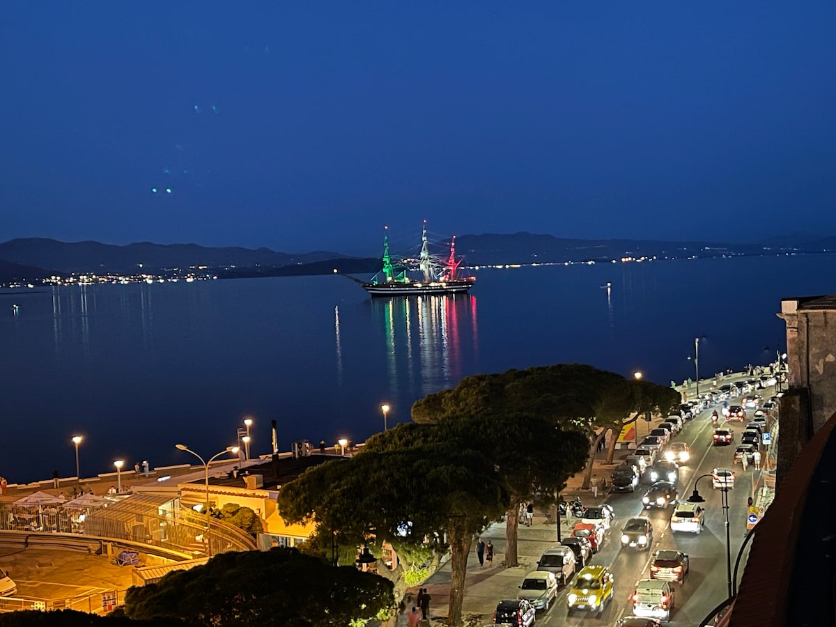 A nighttime view highlights the calm waters reflecting lights from a nearby ship adorned with green and red illumination. The waterfront promenade is visible below, lined with trees and parked cars, leading towards distant lights along the shoreline.