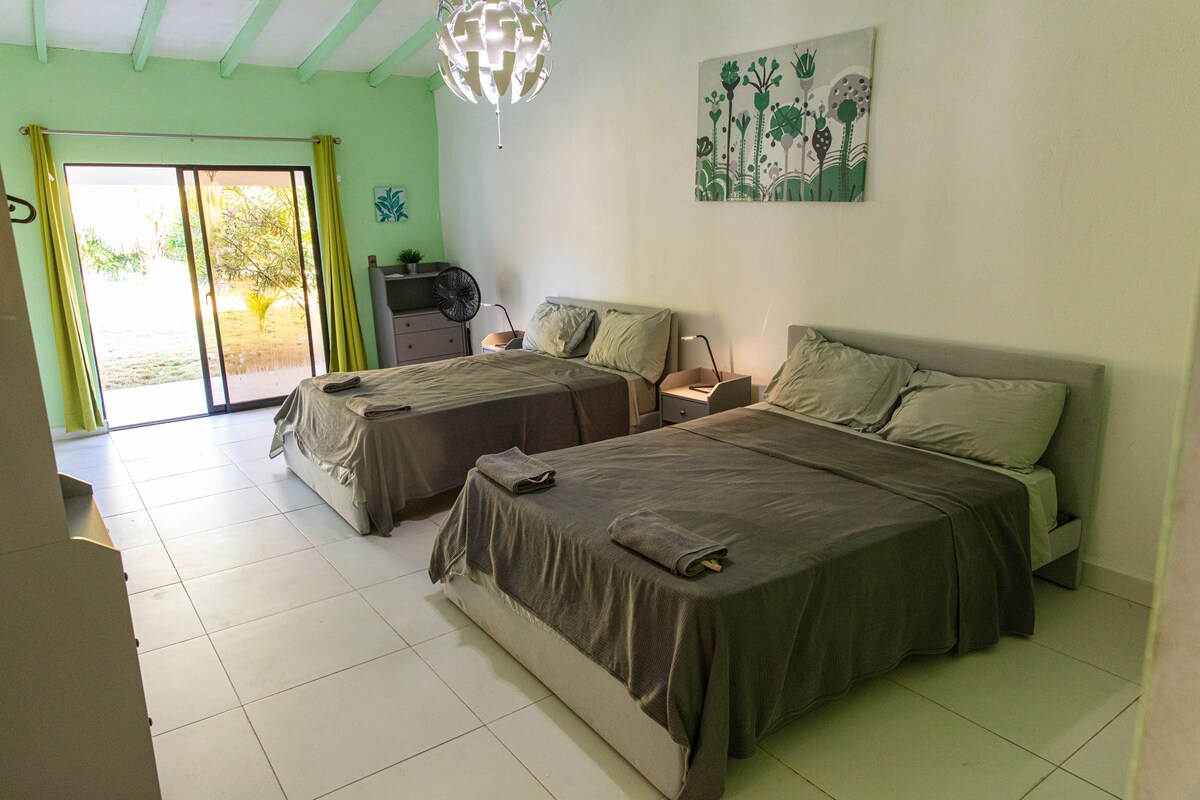 The bedroom features two spacious beds with soft gray bedding, complemented by modern side tables with lamps. A large sliding glass door provides natural light and offers a view of the garden. Green accents and floral artwork add a touch of color to the neutral walls.