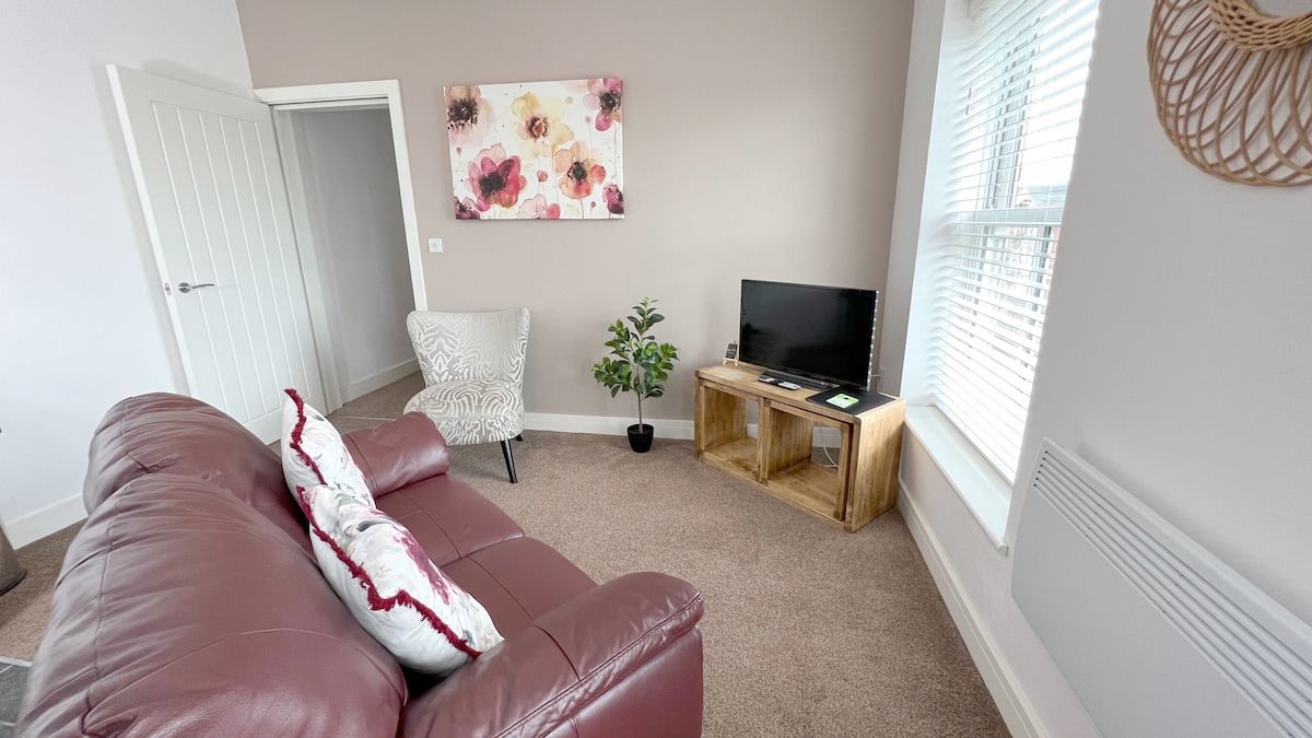 The living area features a burgundy leather sofa adorned with decorative cushions, positioned facing a wooden TV stand housing a flat-screen television. Natural light filters through the window, enhancing the soft beige walls. A small potted plant adds a touch of greenery, and a floral artwork hangs nearby.