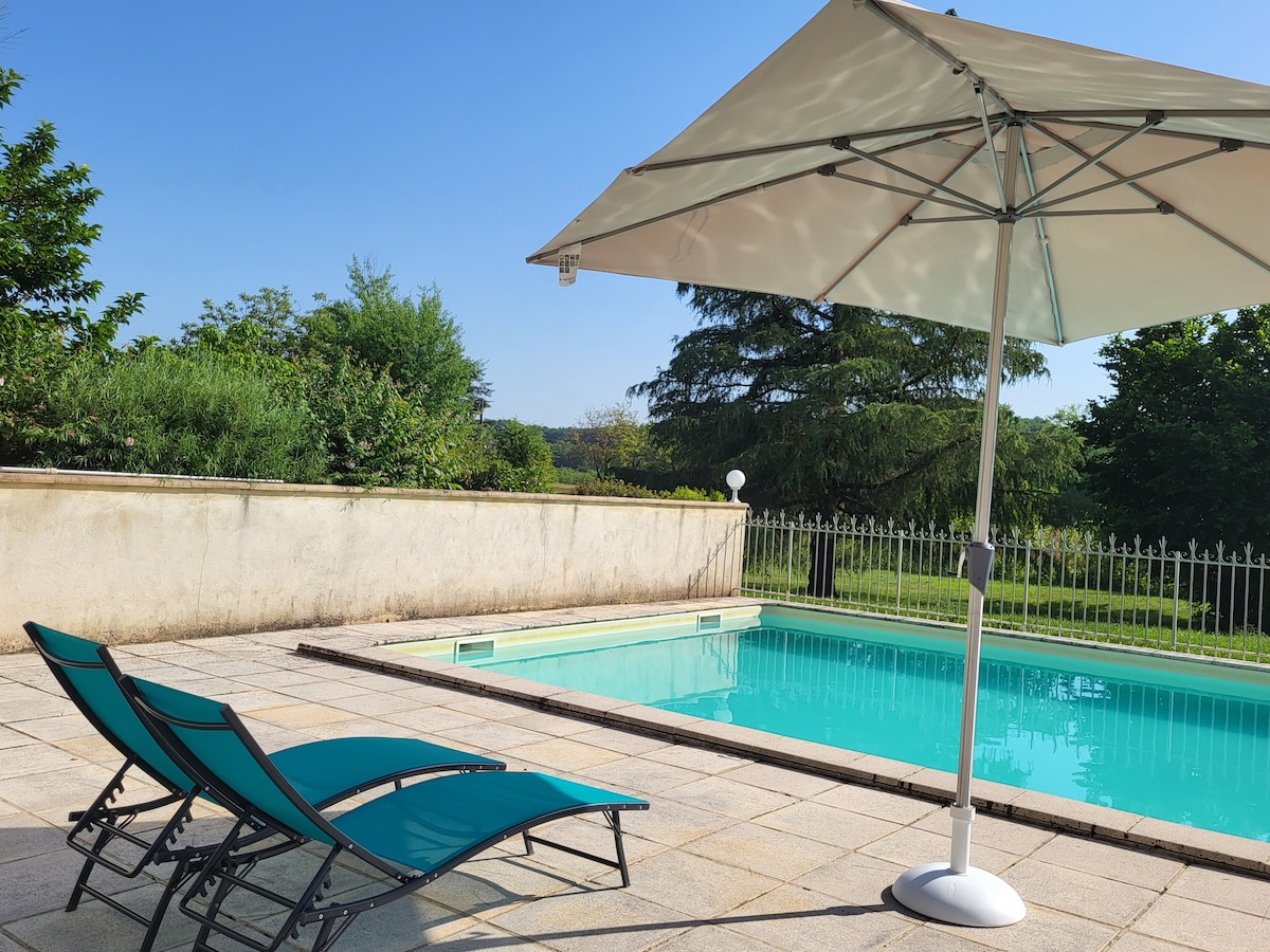 Two loungers in teal are positioned next to a clear, inviting pool on a stone patio. A large umbrella provides shade, enhancing the outdoor space surrounded by greenery. A grassy area is visible in the background, contributing to a serene environment.