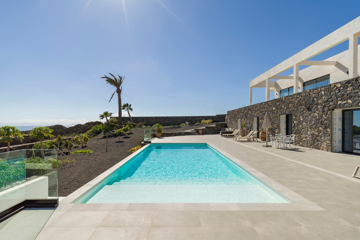 A spacious outdoor area features a serene swimming pool with crystal clear water, surrounded by a modern stone wall. Sun loungers are positioned along the patio, while palm trees and landscaped gardens create a peaceful setting under a bright blue sky.