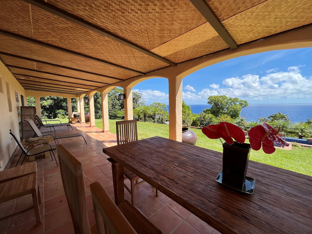 An expansive covered lanai features a wooden dining table surrounded by tropical grass-weave chairs. Custom teak lounge chairs are positioned nearby, with lush greenery and ocean views visible in the background under a clear, blue sky.