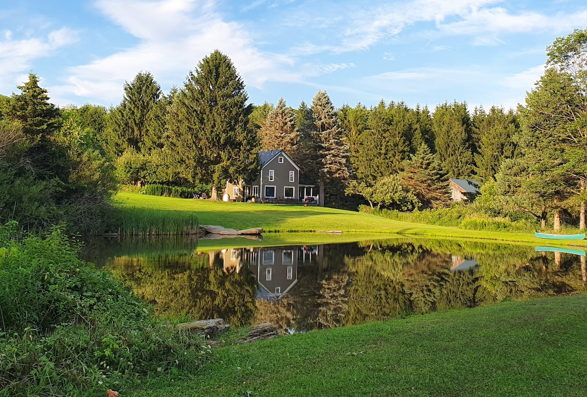 A charming farmhouse is reflected in the calm waters of a pond, surrounded by lush greenery and tall trees. The well-maintained lawn complements the serene landscape, creating a peaceful spot for relaxation. A canoe is visible along the shore, inviting guests to explore the water.