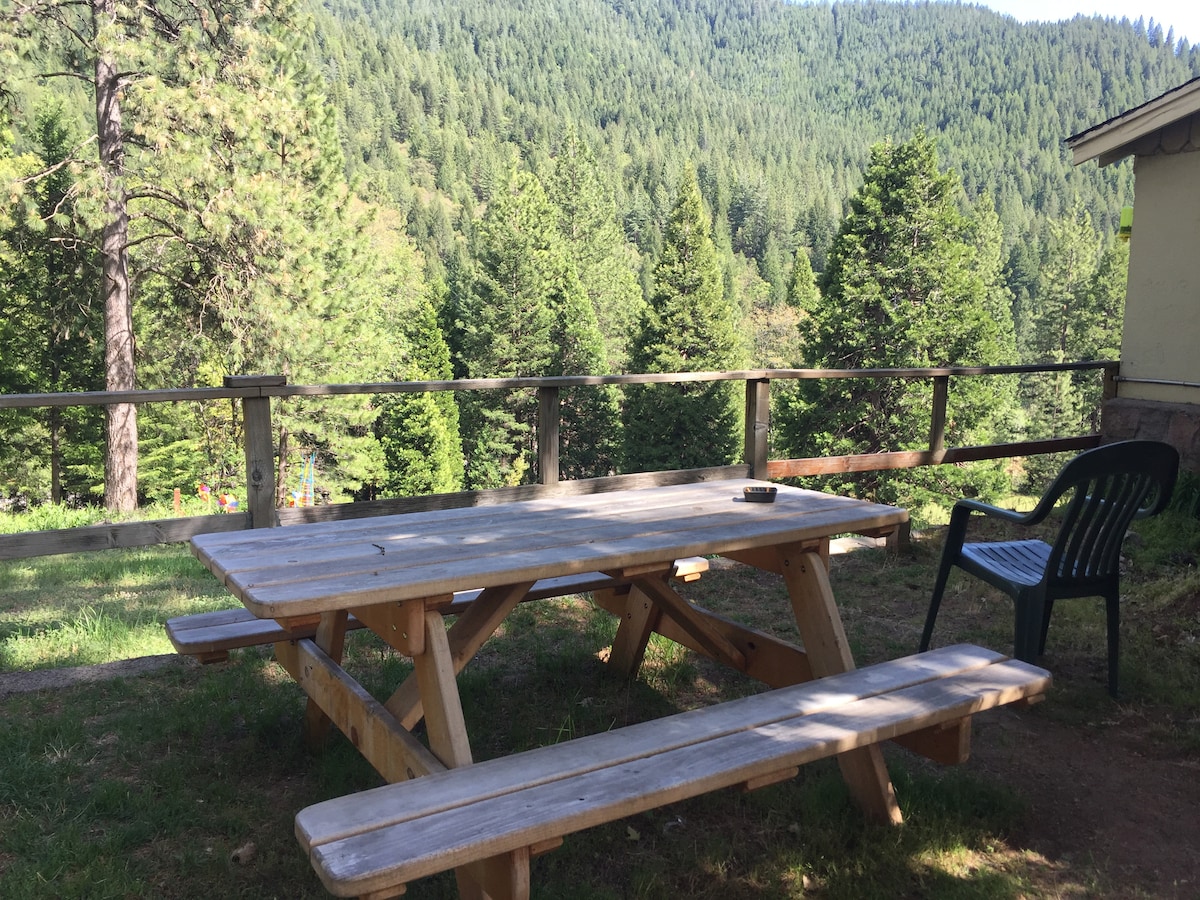 A wooden picnic table with attached benches is situated on a grassy area, overlooking a forested landscape of tall green trees and rolling hills. A single plastic chair is positioned nearby, providing additional seating. The natural setting enhances the outdoor dining experience.