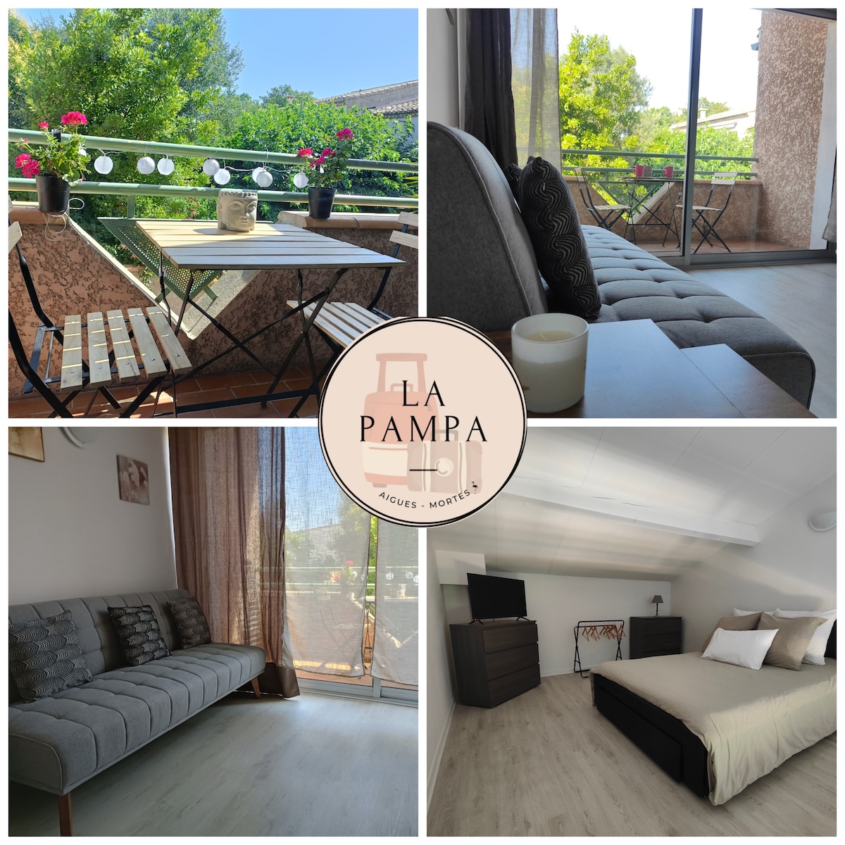 A cozy terrace is highlighted with potted plants and outdoor seating, offering a serene spot for relaxation. Inside, a comfortable sitting area with a sleek couch and a spacious bed in the mezzanine is complemented by soft, natural light filtering through sheer curtains.