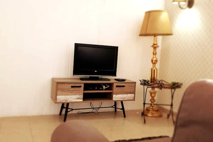 chumba katika chumba cha kulala, kilicho na kochi na televisheni 