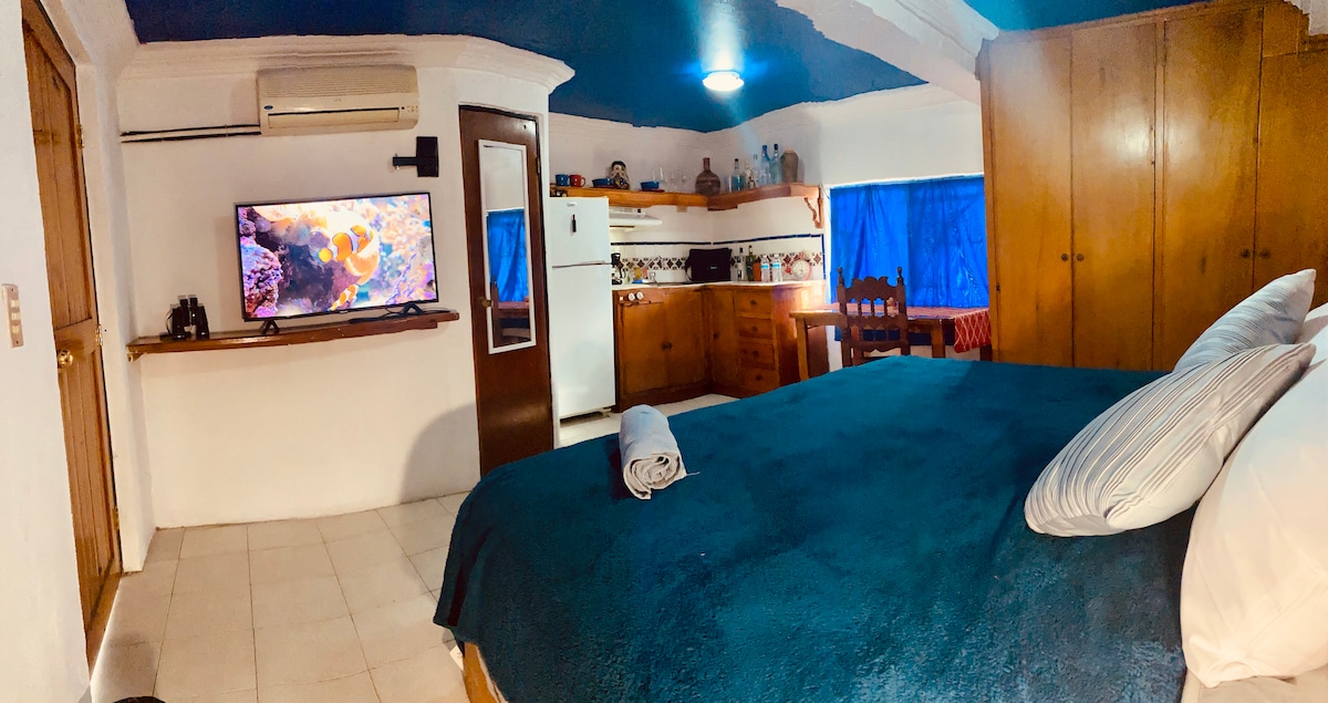 A spacious studio is presented, featuring a large bed with a soft blue blanket. A smart TV is mounted on the wall opposite the bed. The compact kitchen area includes wooden cabinets and a dining table. Natural light enters through a window with blue curtains.