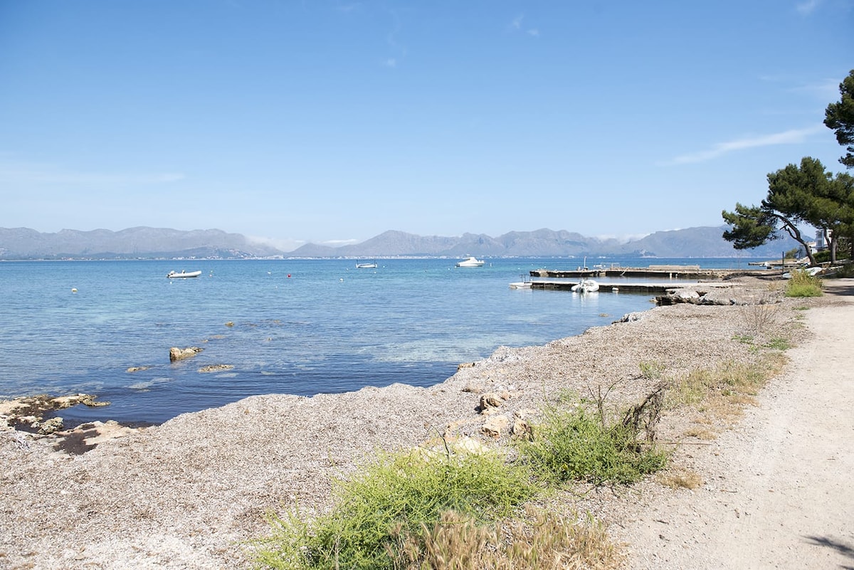 A serene coastline is depicted, featuring clear blue waters and rocky shores. Small boats are visible on the water, while a wooden dock extends into the sea. Lush greenery lines the beach, providing a natural backdrop against the distant mountains.
