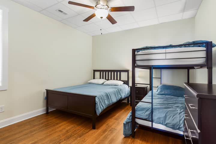 Queen sized bed, twin bunks, dresser and closet.  