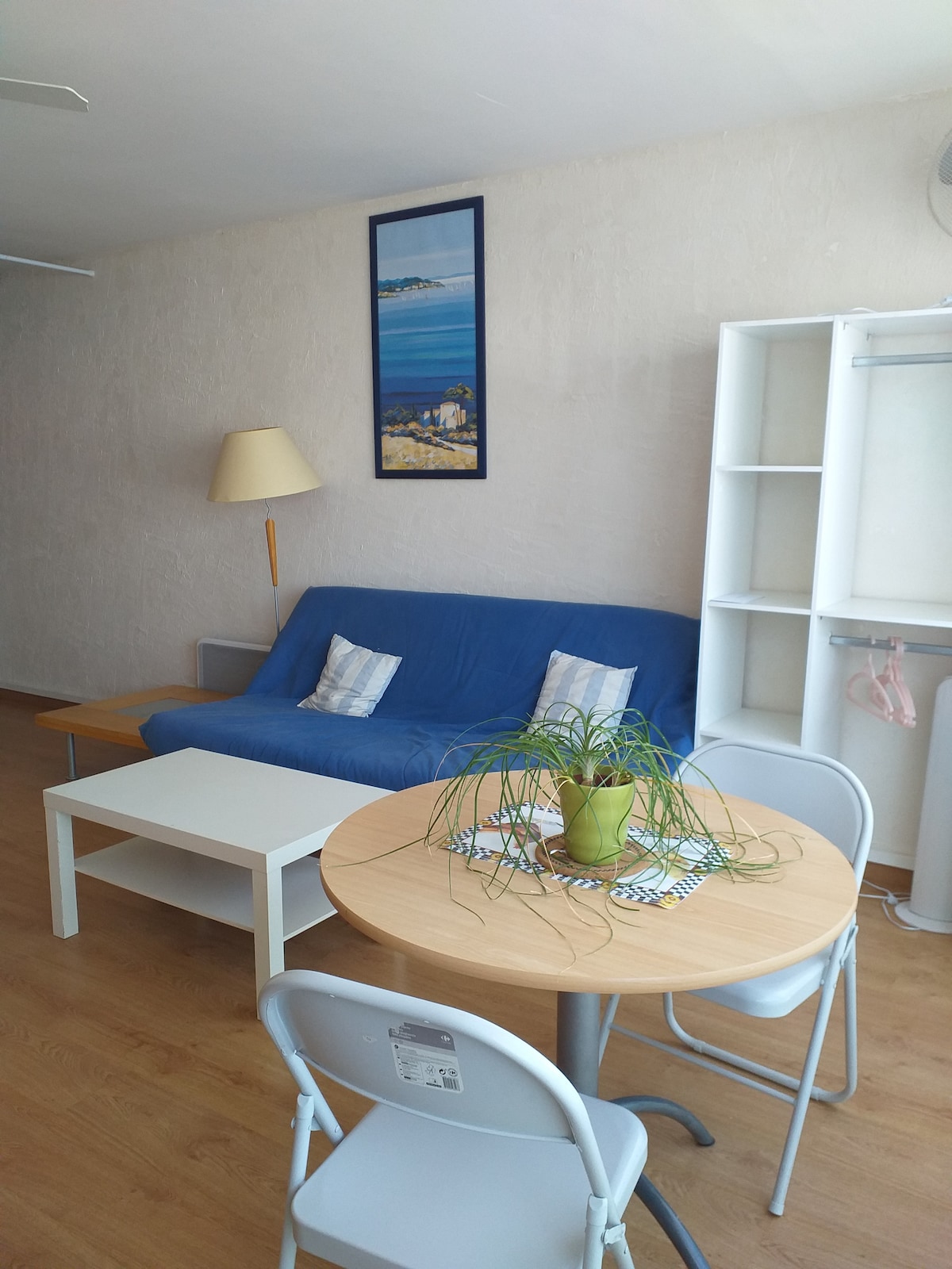 A comfortable living area is seen featuring a blue sofa, a light wooden coffee table, and a round dining table surrounded by four chairs. A decorative plant sits in the center of the table, while a framed artwork hangs on the wall above.