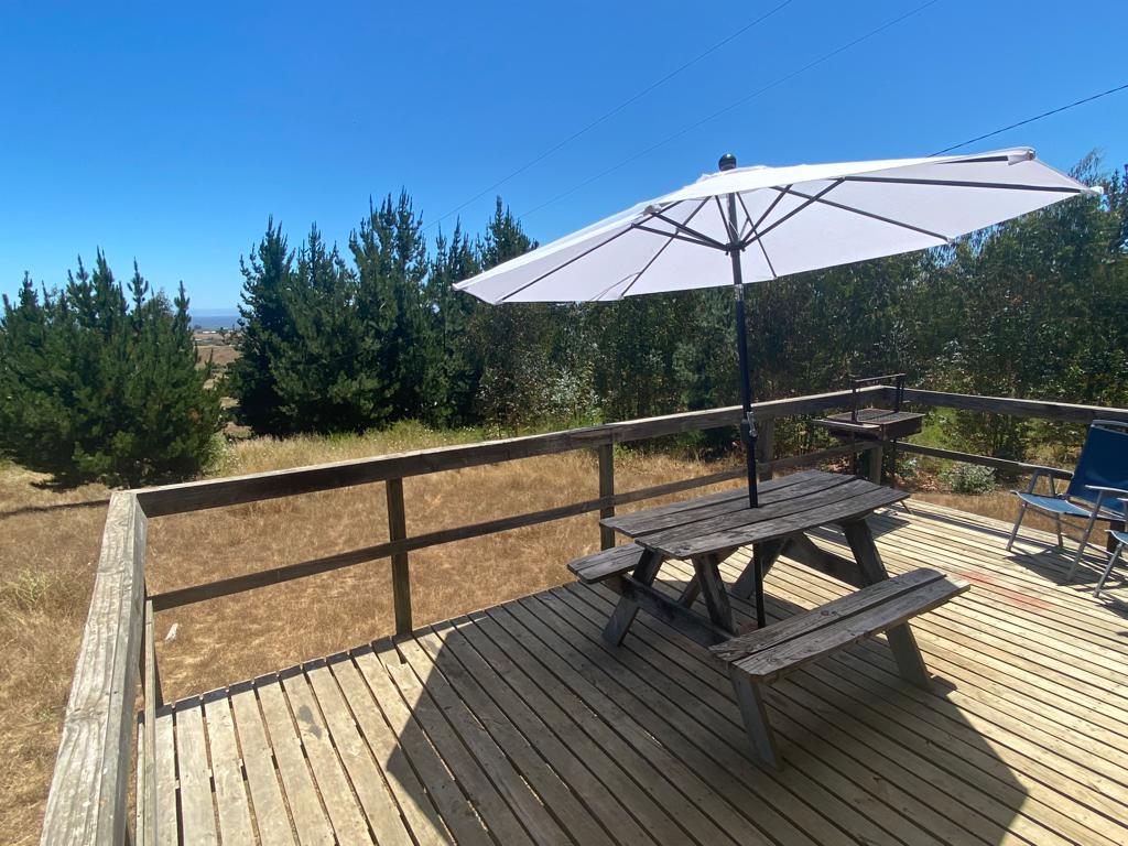 A wooden deck features a large picnic table shaded by a white umbrella. Blue lounge chairs are visible beside the table, surrounded by dry grass and green trees in the background under a clear blue sky.